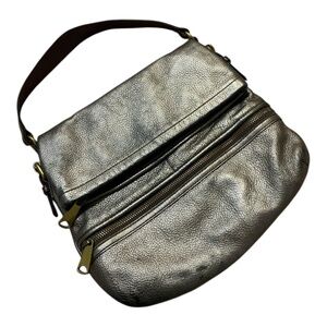Vintage leather FOSSIL fold over slouchy hobo metallic pewter grey shoulder bag